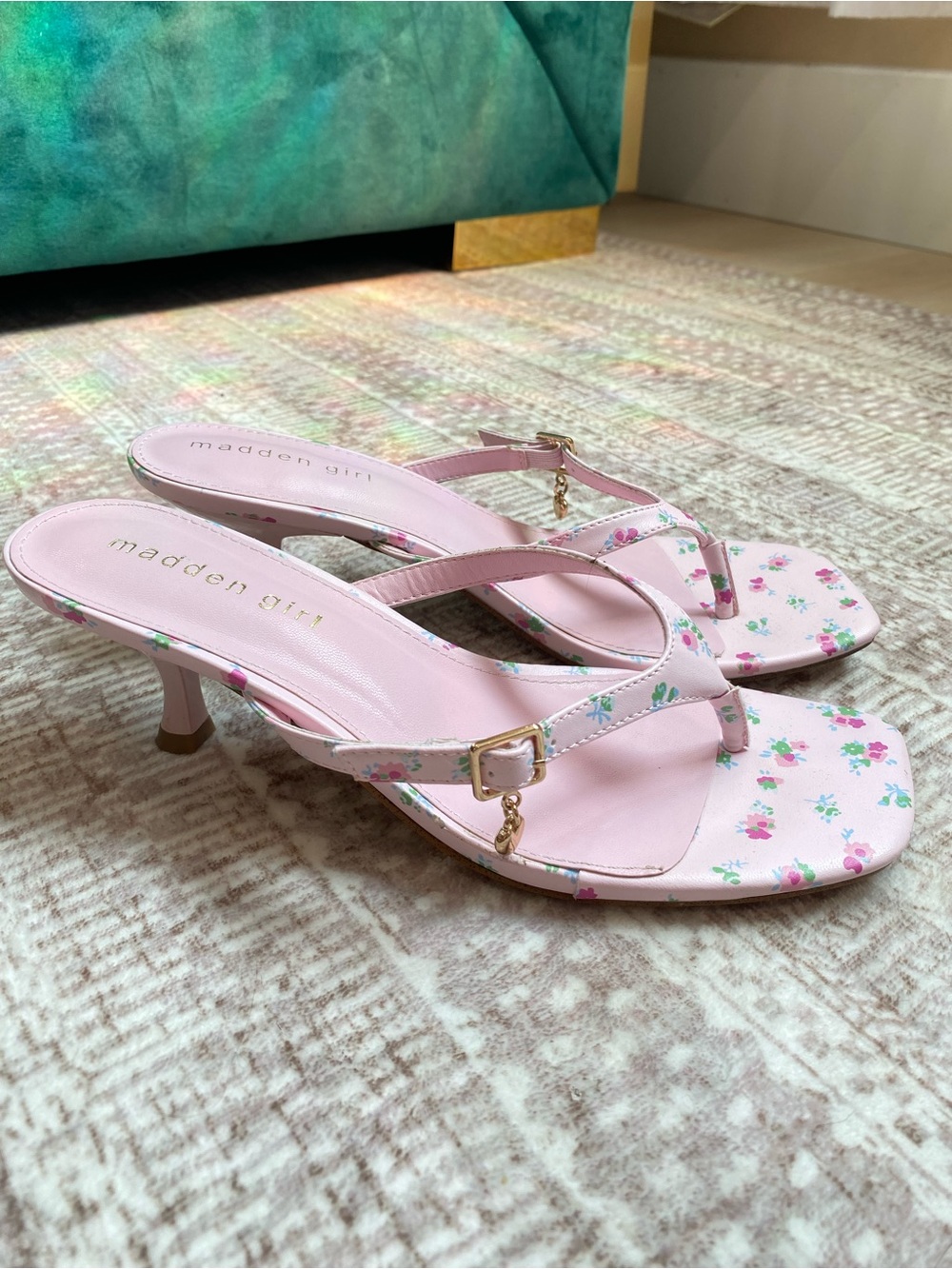 Madden Girl Pink Floral T-Strap Kitten Heel Sandals